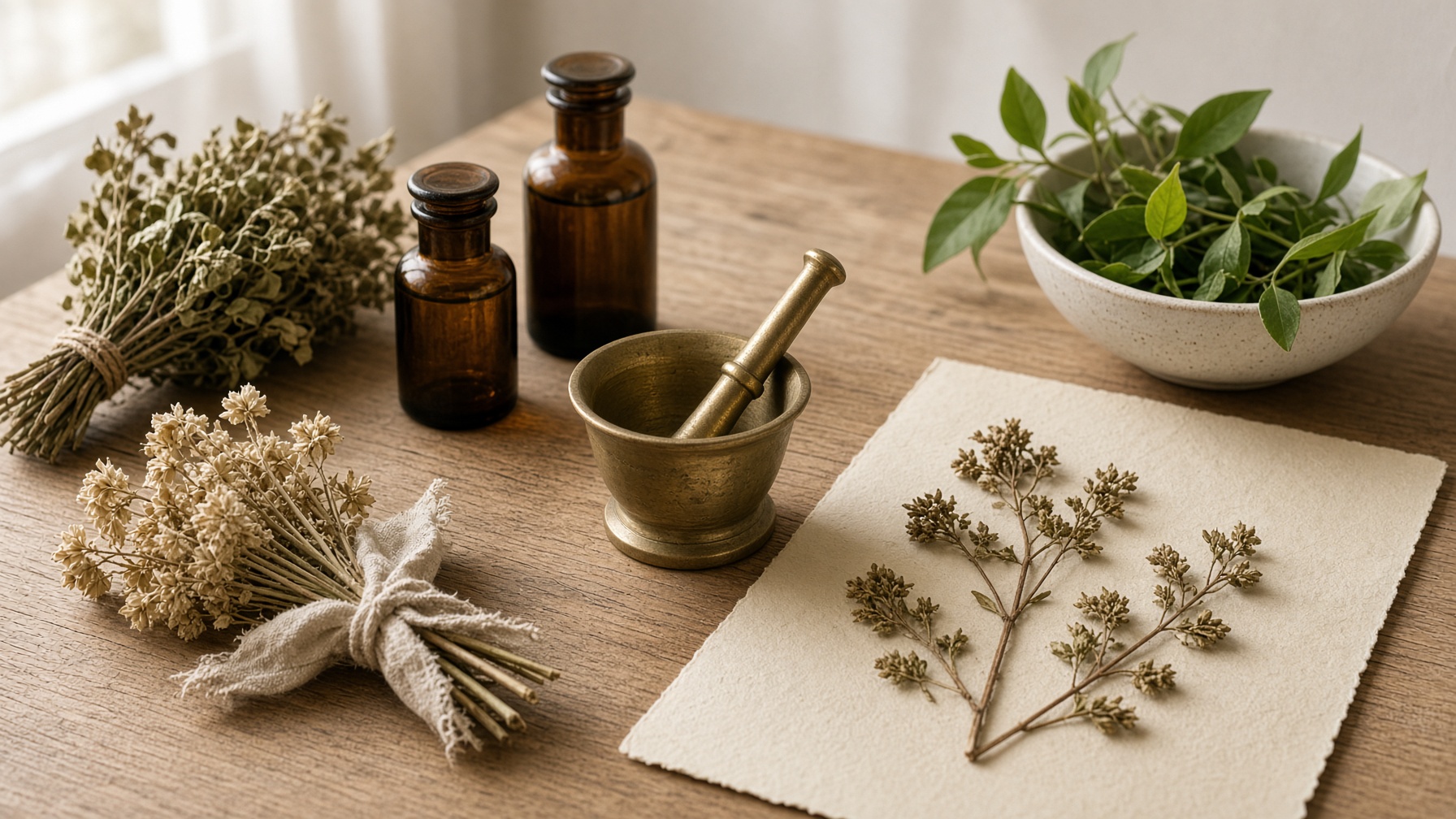 Naturi medicinale, sticle de apotecă și mojar pe o masă de stejar